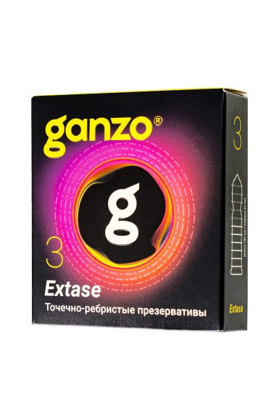 Презервативы Ganzo №3, extase, латекс, точечные, ребристые, анатомичные, 18 см, 5,2 см.